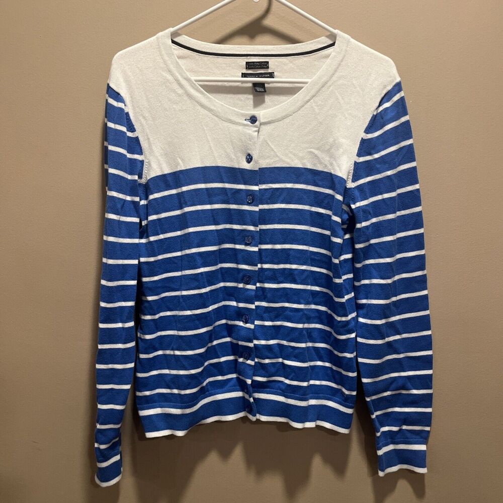 Tommy Hilfiger Women's Blue & White Striped Cardigan L Preppy Nautical Classic